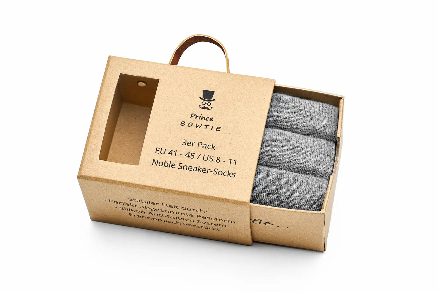 (Grau) Sneaker Socken 3er Pack – geöffnete Verpackung mit Anti-Rutsch Hinweis