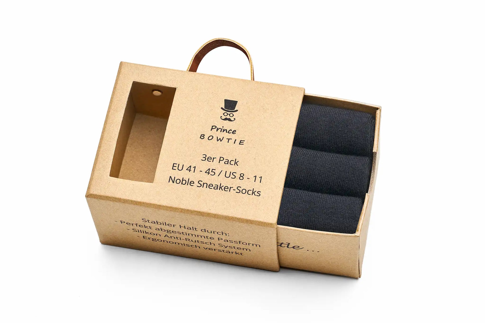 (Schwarz) Sneaker Socken 3er Pack – geöffnete Verpackung mit Anti-Rutsch Hinweis