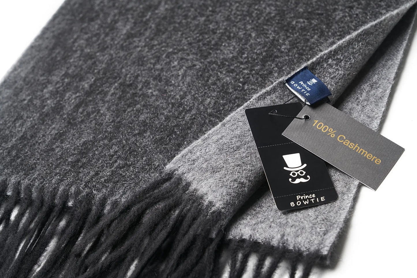 (Anthrazit) Kaschmirschal 100% Cashmere – Detailansicht Prince Bowtie Label