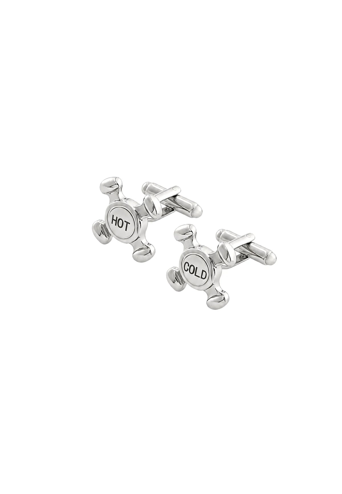 (Silber) Manschettenknöpfe Herren Wasserhahn – zwei Armaturengriffe mit den Aufschriften HOT und COLD