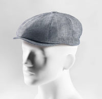 (Blau) Ballonmütze Herren Leinen – Newsboy Cap seitliche Ansicht auf Mannequin