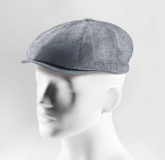 (Blau) Ballonmütze Herren Leinen – Newsboy Cap seitliche Ansicht auf Mannequin