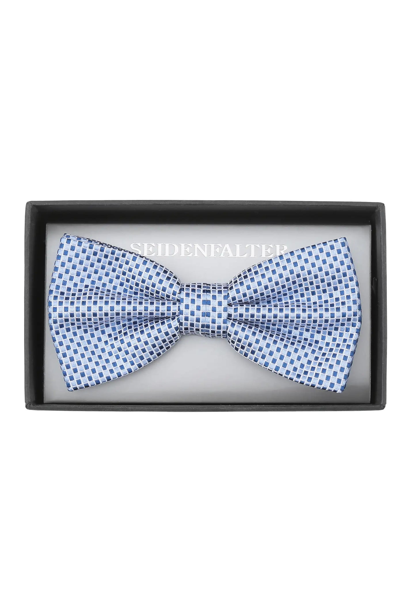 (Hellblau) Herrenfliege aus 100% Seide in Hellblau mit Würfelmuster, Geschenkbox-Foto
