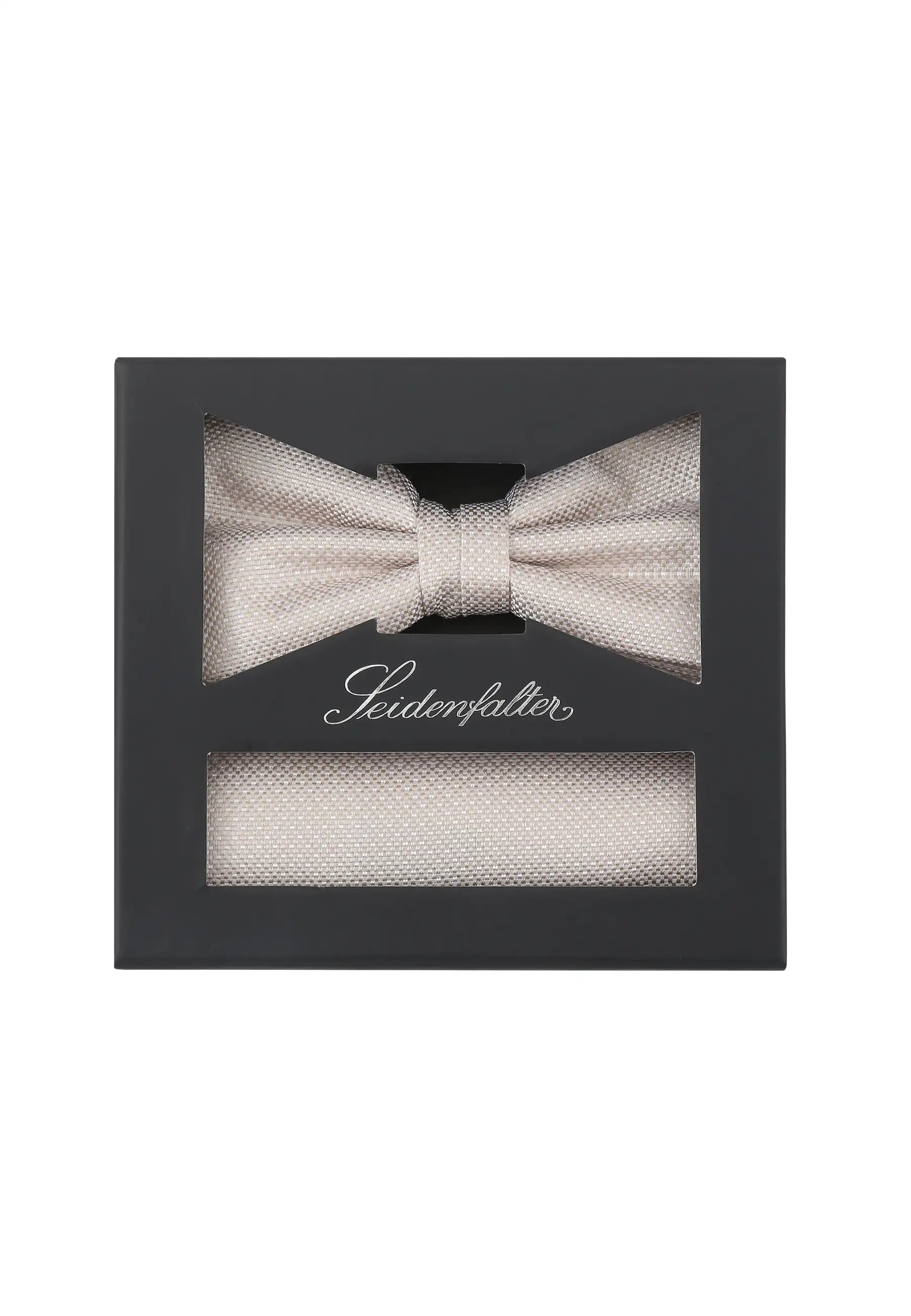 (Beige) Fliege und Einstecktuch Set aus Seide in Geschenkbox, Feinstruktur