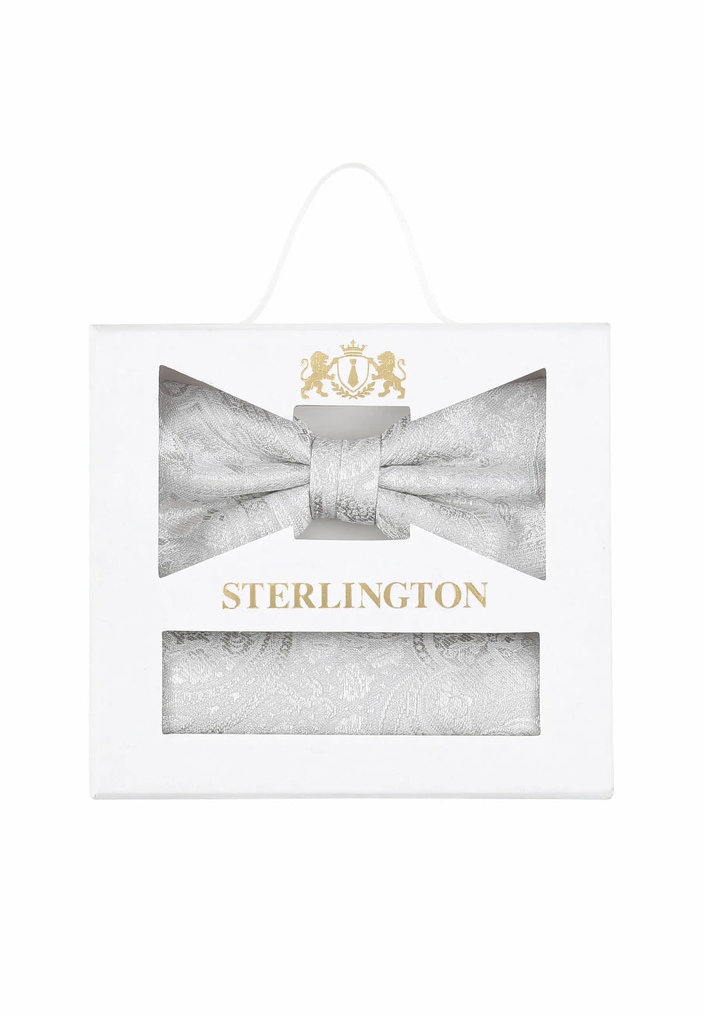 (Champagner) Fliege Einstecktuch Set Paisley Seide – Sterlington Geschenkbox Frontalansicht