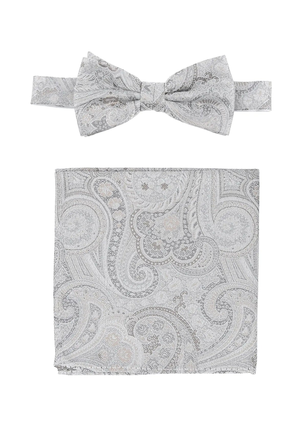 (Silber) Fliege und Einstecktuch Set Hochzeit Paisley – Fliege und Tuch ausgelegt