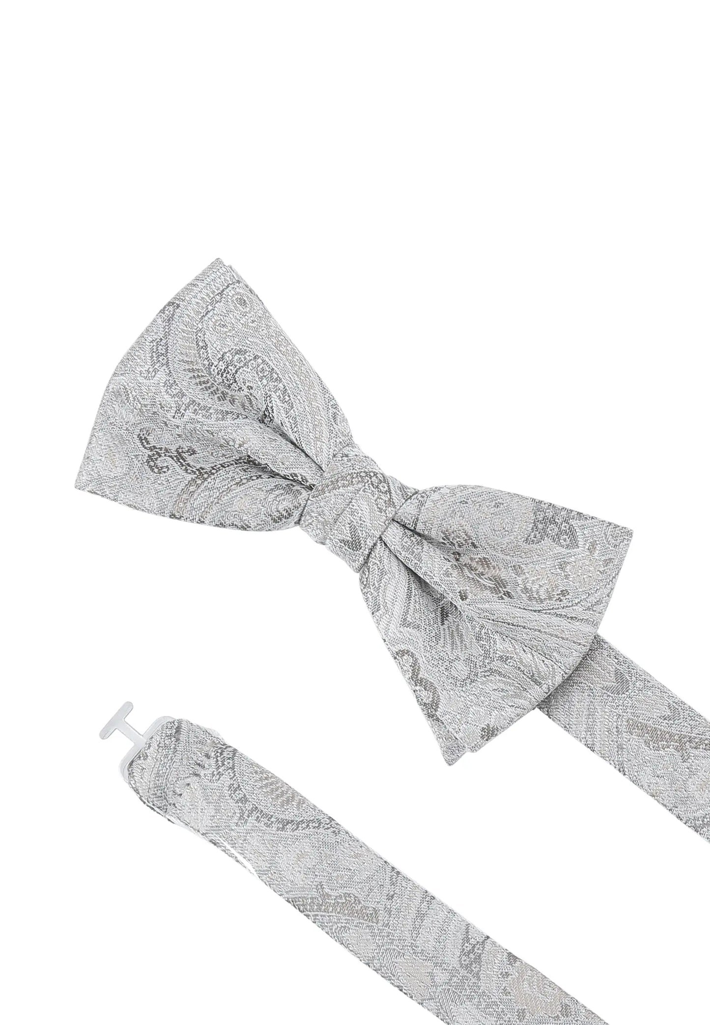 (Silber) Fliege Hochzeit Paisley Seide – Detailansicht mit verstellbarem Größenband