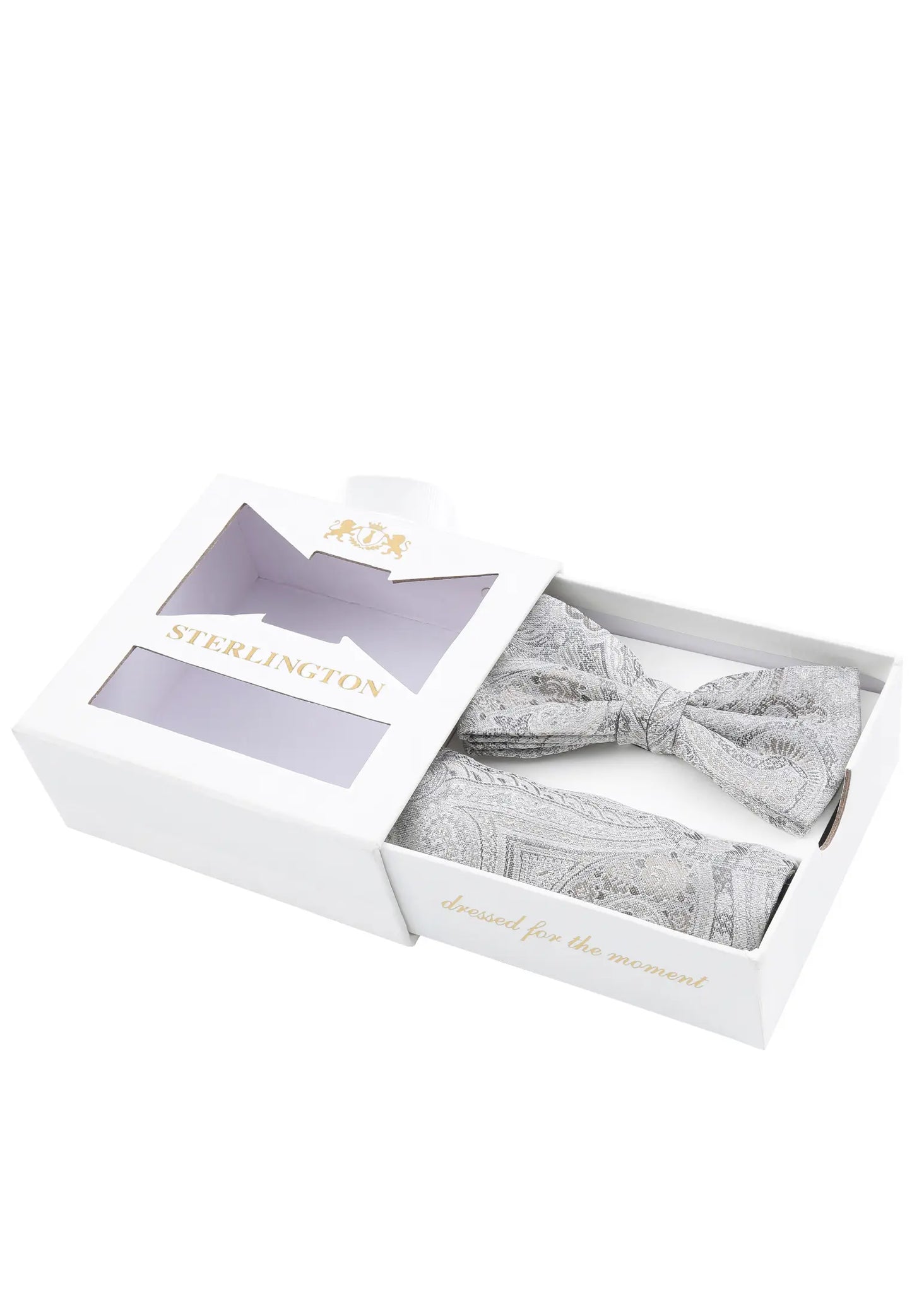 (Silber) Fliege Einstecktuch Set Sterlington – Geschenkbox schräg geöffnet