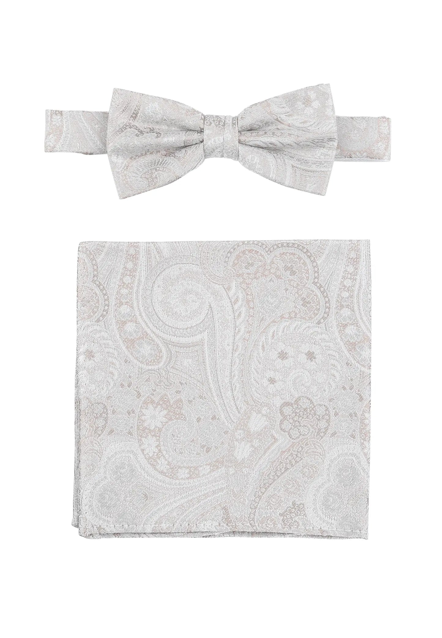 (Beige) Fliege und Einstecktuch Set Hochzeit Paisley – Fliege und Tuch ausgelegt