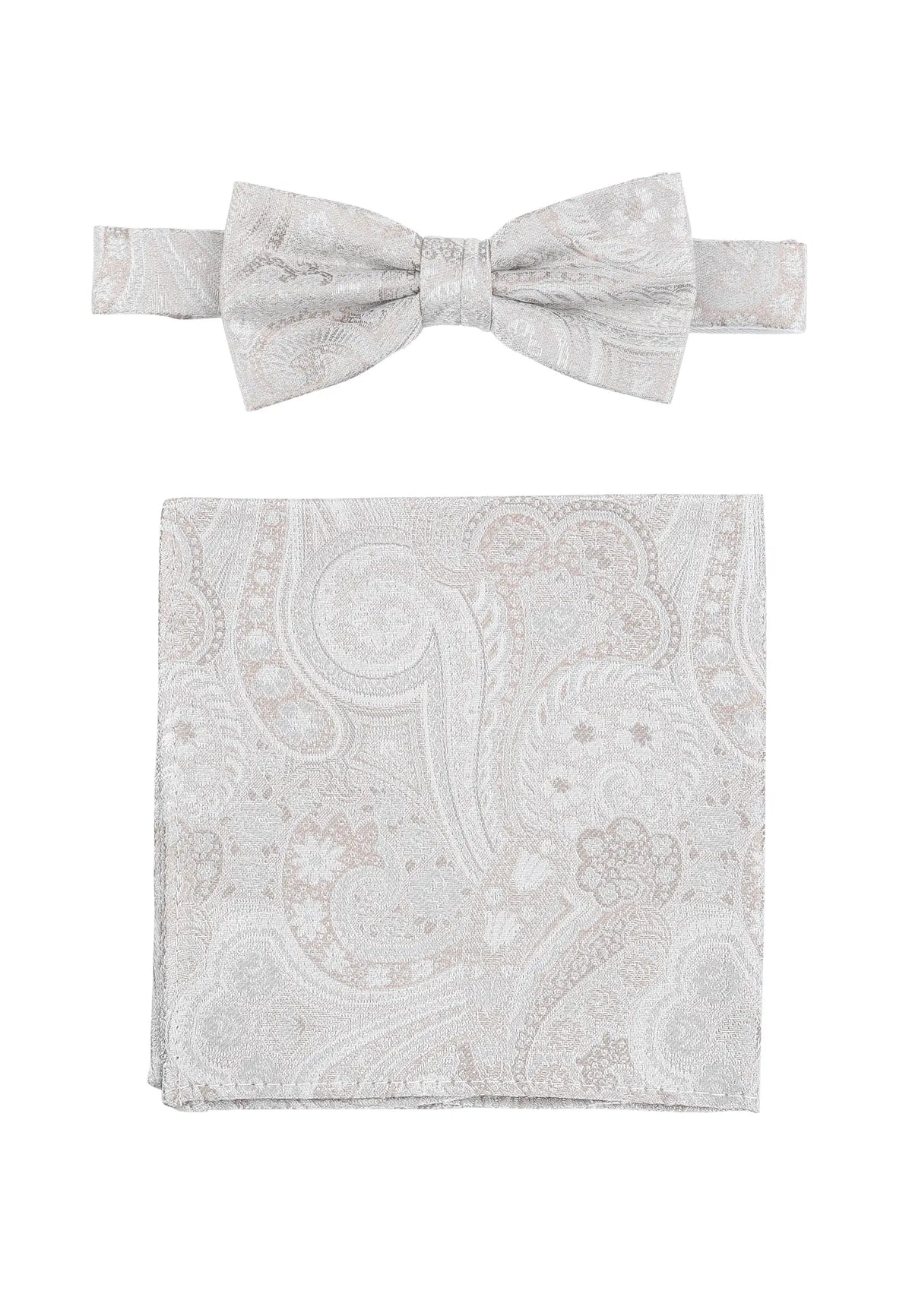 (Beige) Fliege und Einstecktuch Set Hochzeit Paisley – Fliege und Tuch ausgelegt