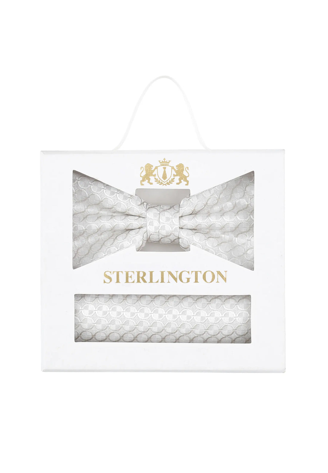 (Champagner) Fliege Einstecktuch Set Kreise Seide – Sterlington Geschenkbox Frontalansicht