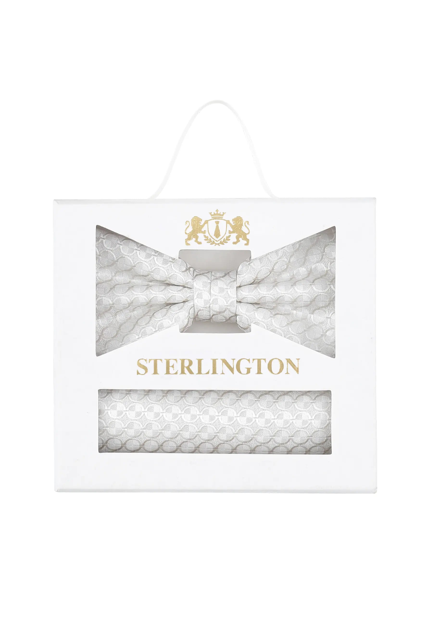 (Champagner) Fliege Einstecktuch Set Kreise Seide – Sterlington Geschenkbox Frontalansicht