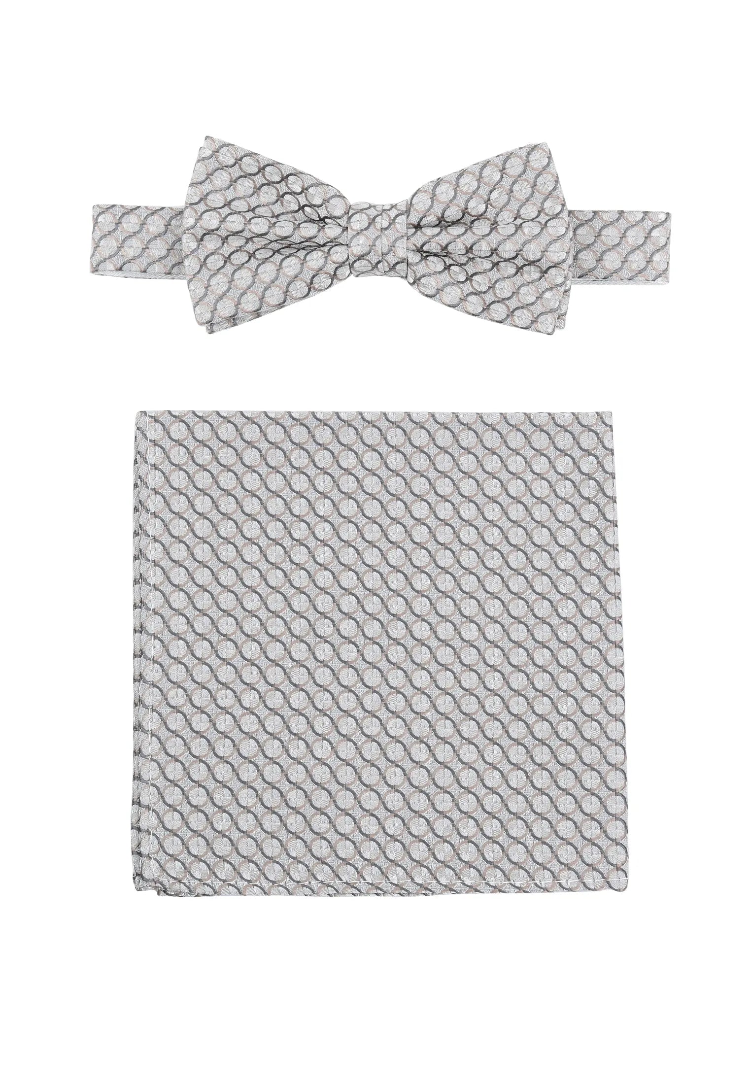(Silber) Fliege und Einstecktuch Set Hochzeit Kreise – Fliege und Tuch ausgelegt