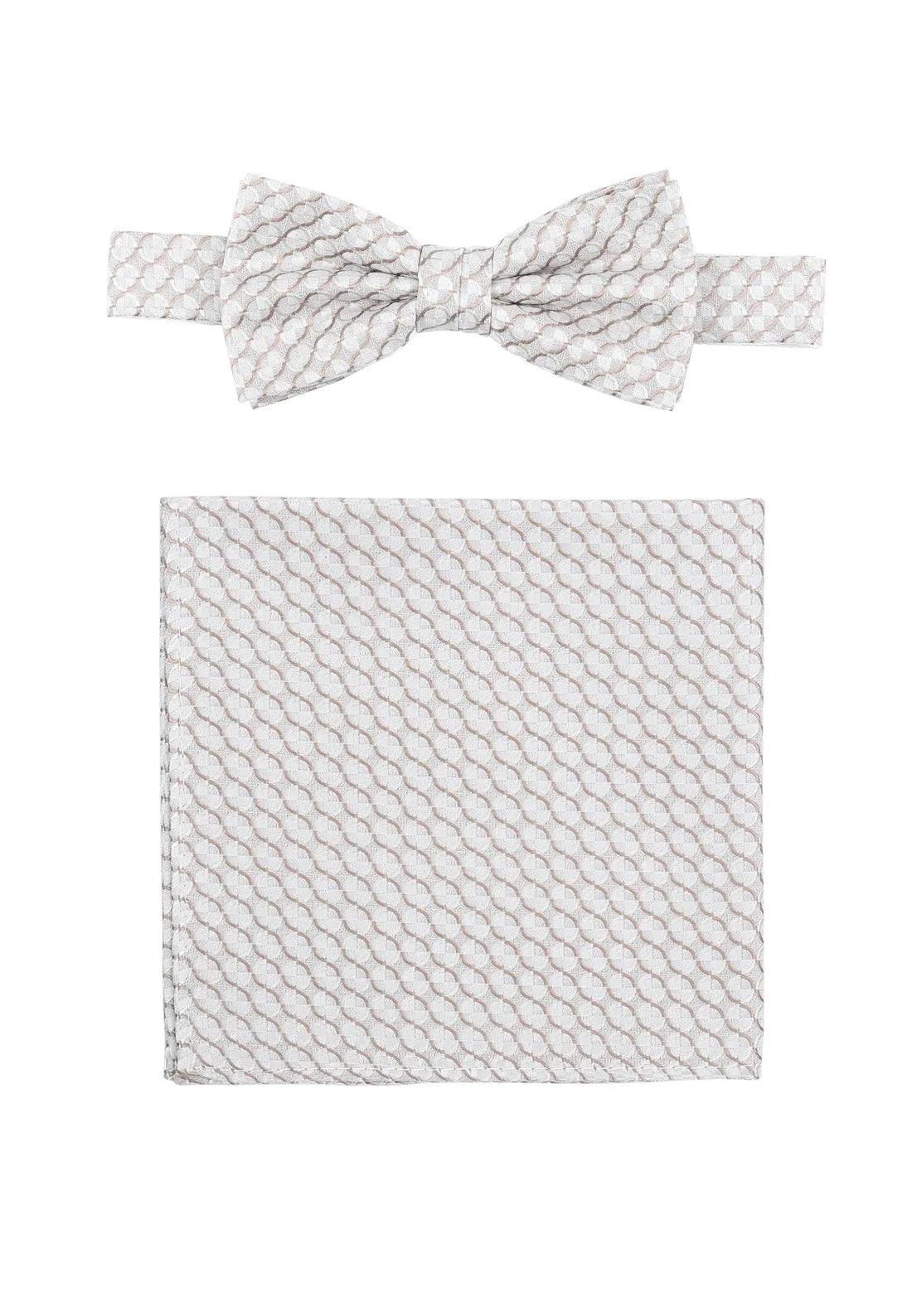 (Beige) Fliege und Einstecktuch Set Hochzeit Kreise – Fliege und Tuch ausgelegt