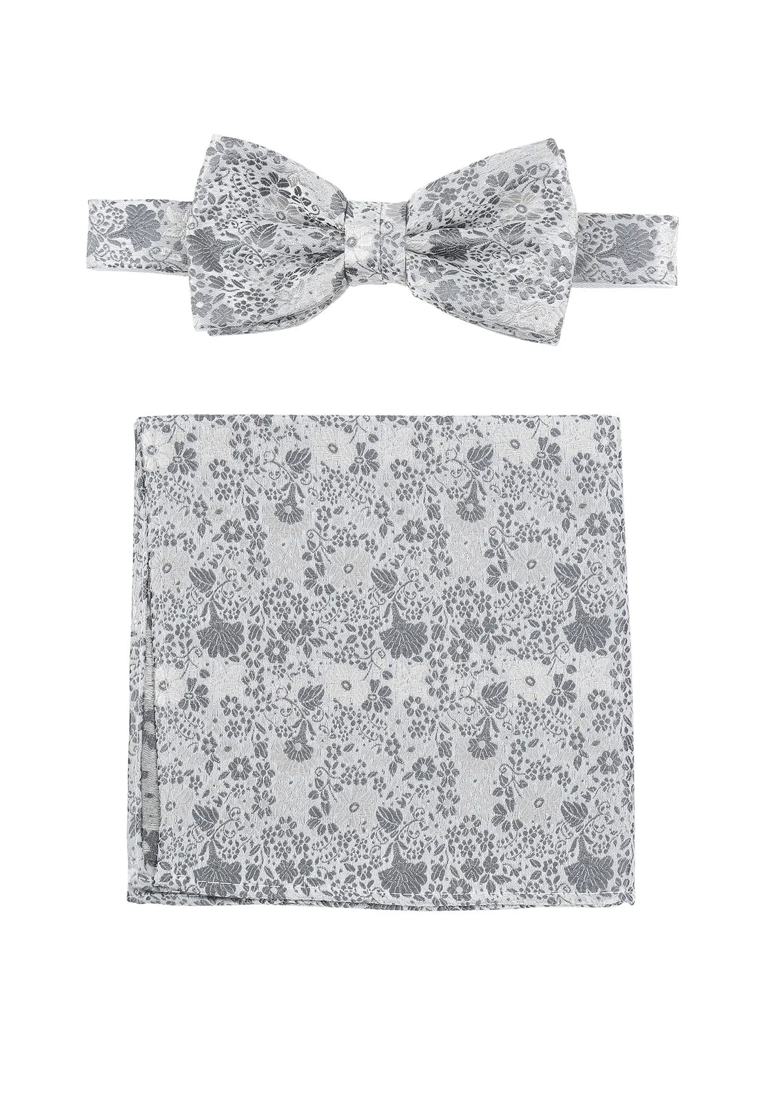 (Silber) Fliege und Einstecktuch Set Hochzeit Floral – Fliege und Tuch ausgelegt