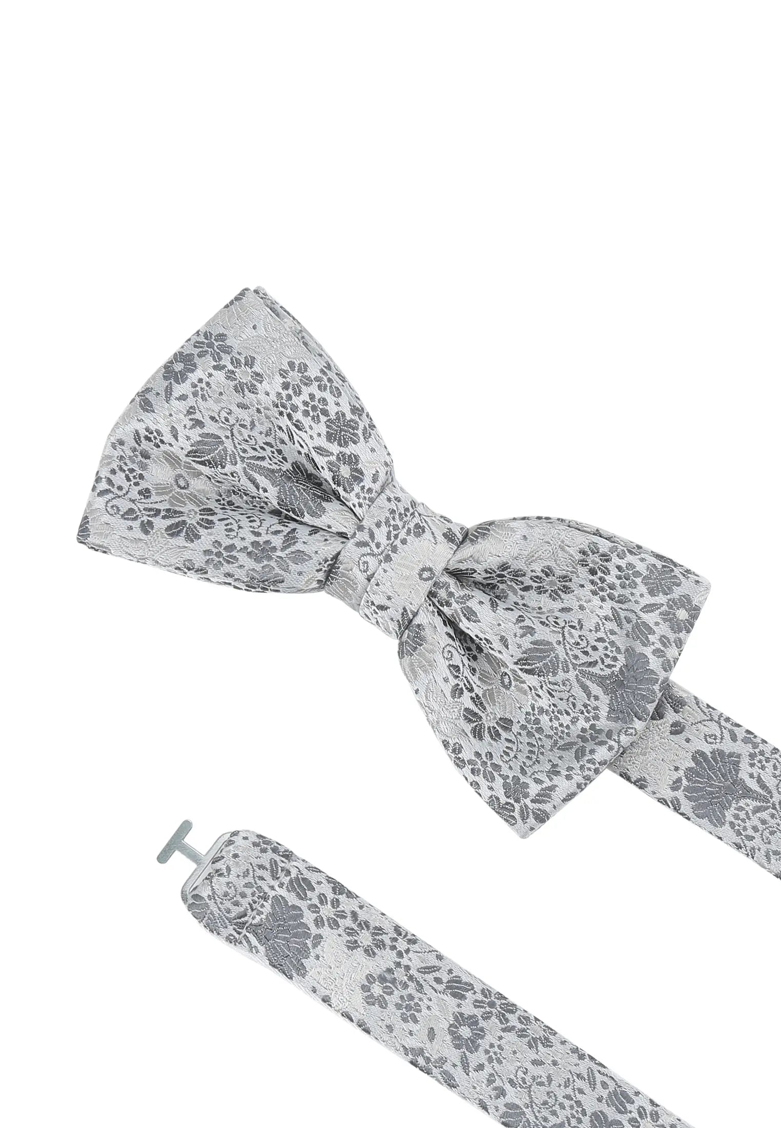 (Silber) Hochzeitsfliege Floral Seide – Detailansicht mit verstellbarem Größenband
