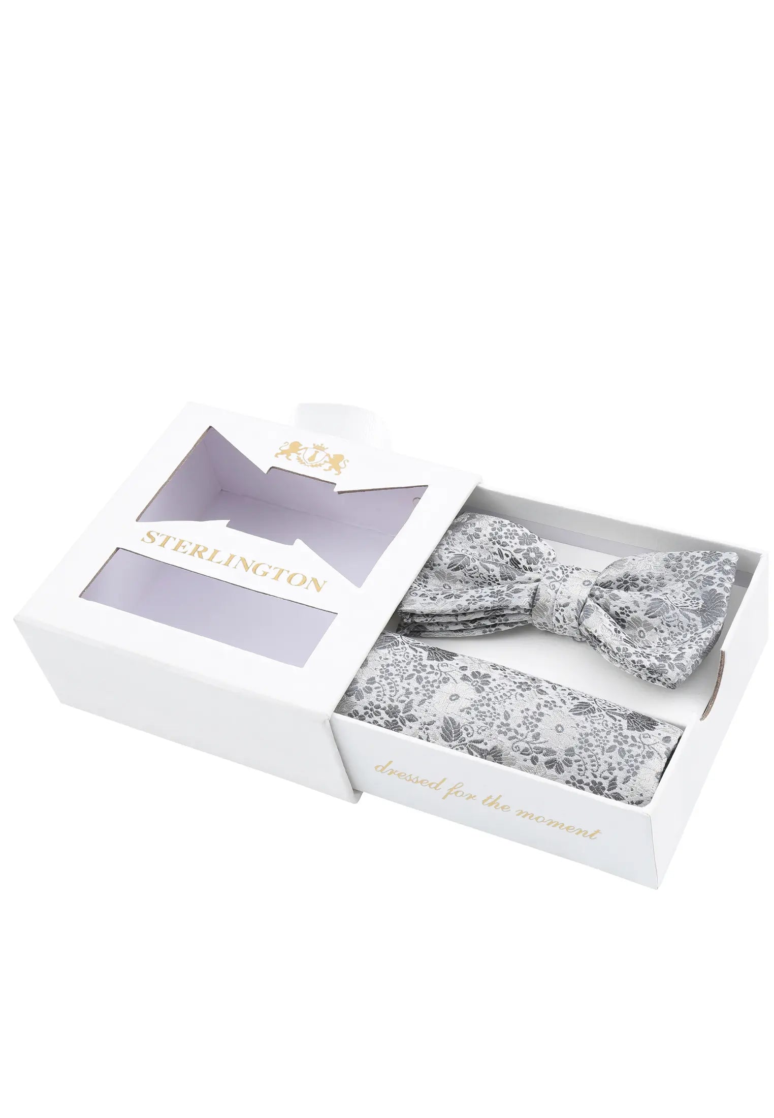 (Silber) Fliege Einstecktuch Set Sterlington – Geschenkbox schräg geöffnet