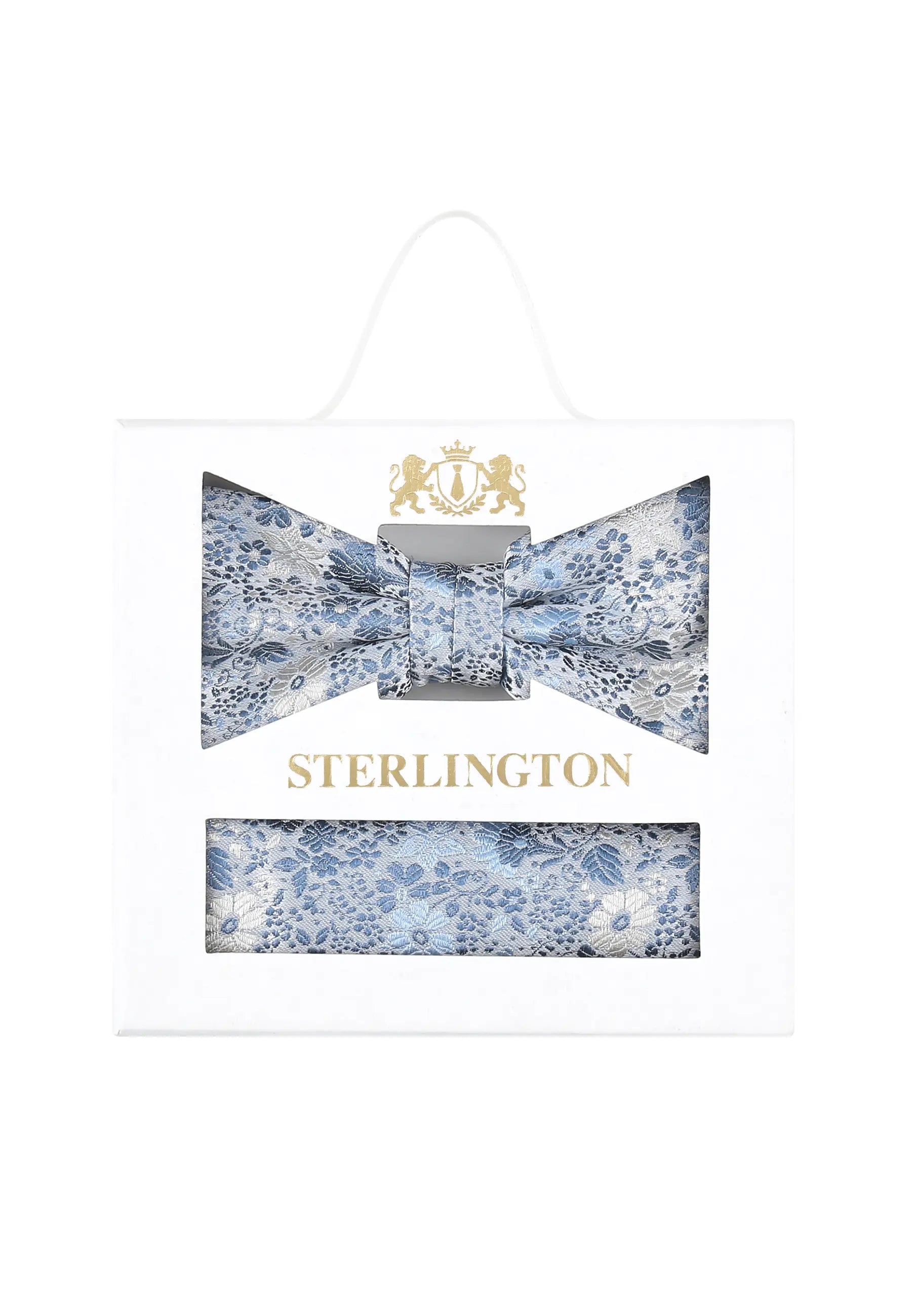 (Hellblau) Fliege Einstecktuch Set Floral Seide – Sterlington Geschenkbox Frontalansicht