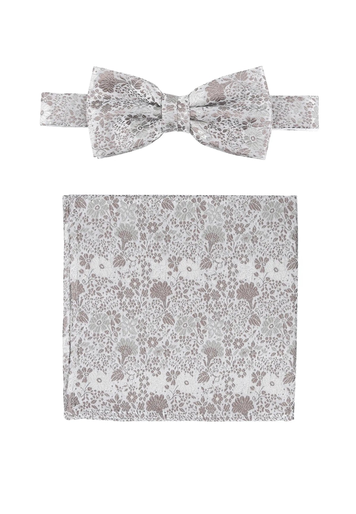(Taupe) Fliege und Einstecktuch Set Hochzeit Floral – Fliege und Tuch ausgelegt
