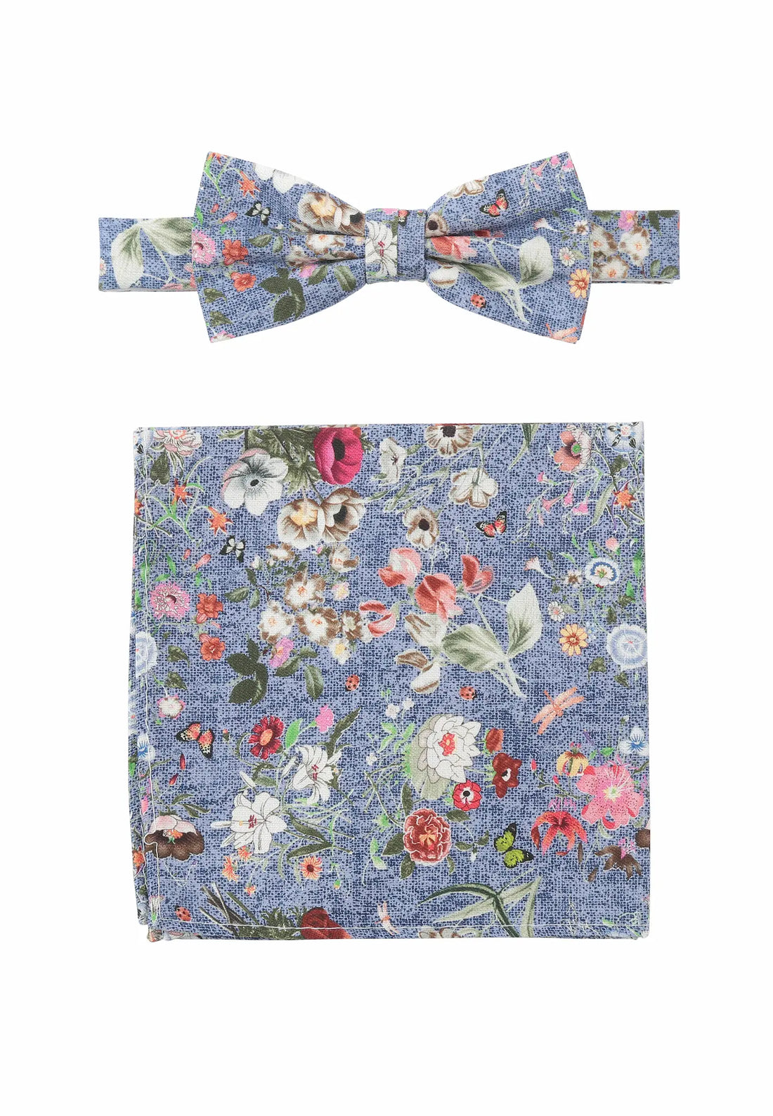 (Blau) Fliege und Einstecktuch Herren Blumenmuster Seide – Gesamtansicht