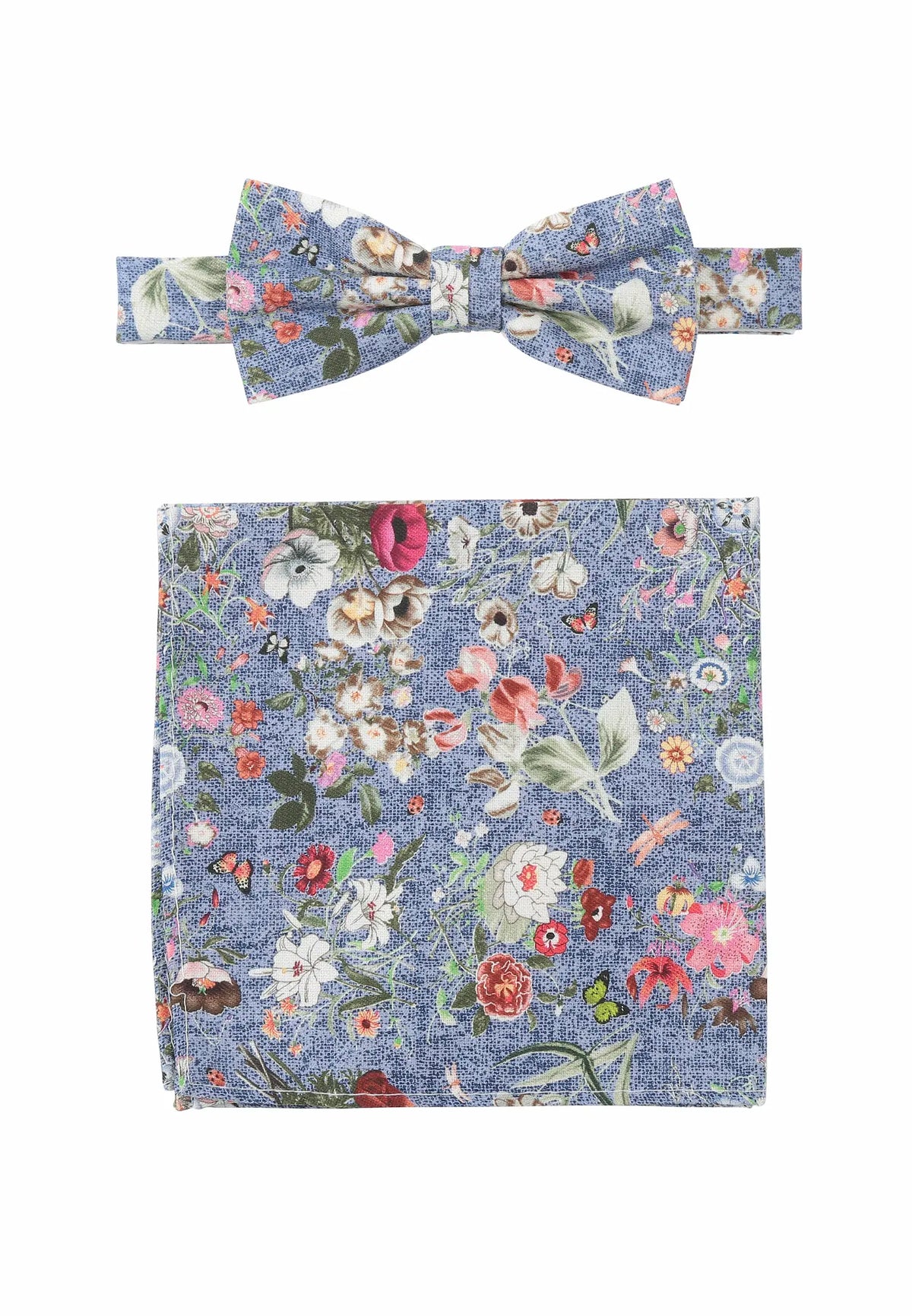 (Blau) Fliege und Einstecktuch Herren Blumenmuster Seide – Gesamtansicht