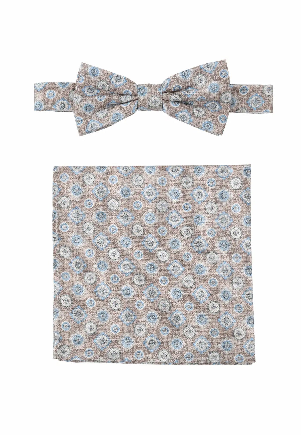 (Beige) Fliege Einstecktuch Set Herren Medaillon Baumwolle – Gesamtansicht