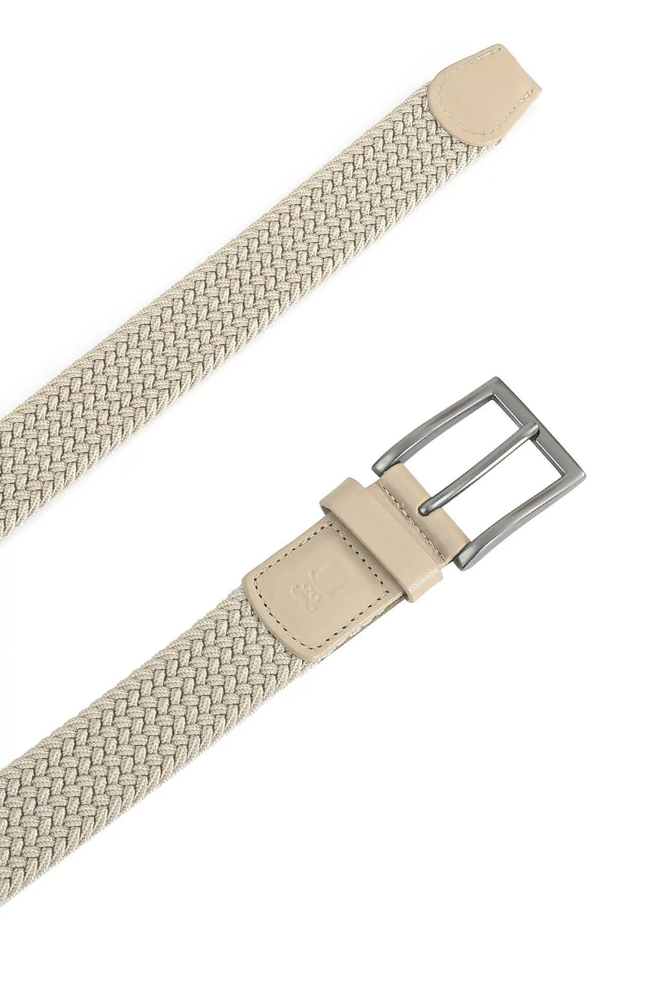 (Beige) Elastischer Flechtgürtel Herren 3,5 cm – Schnalle gebürstetes Metall
