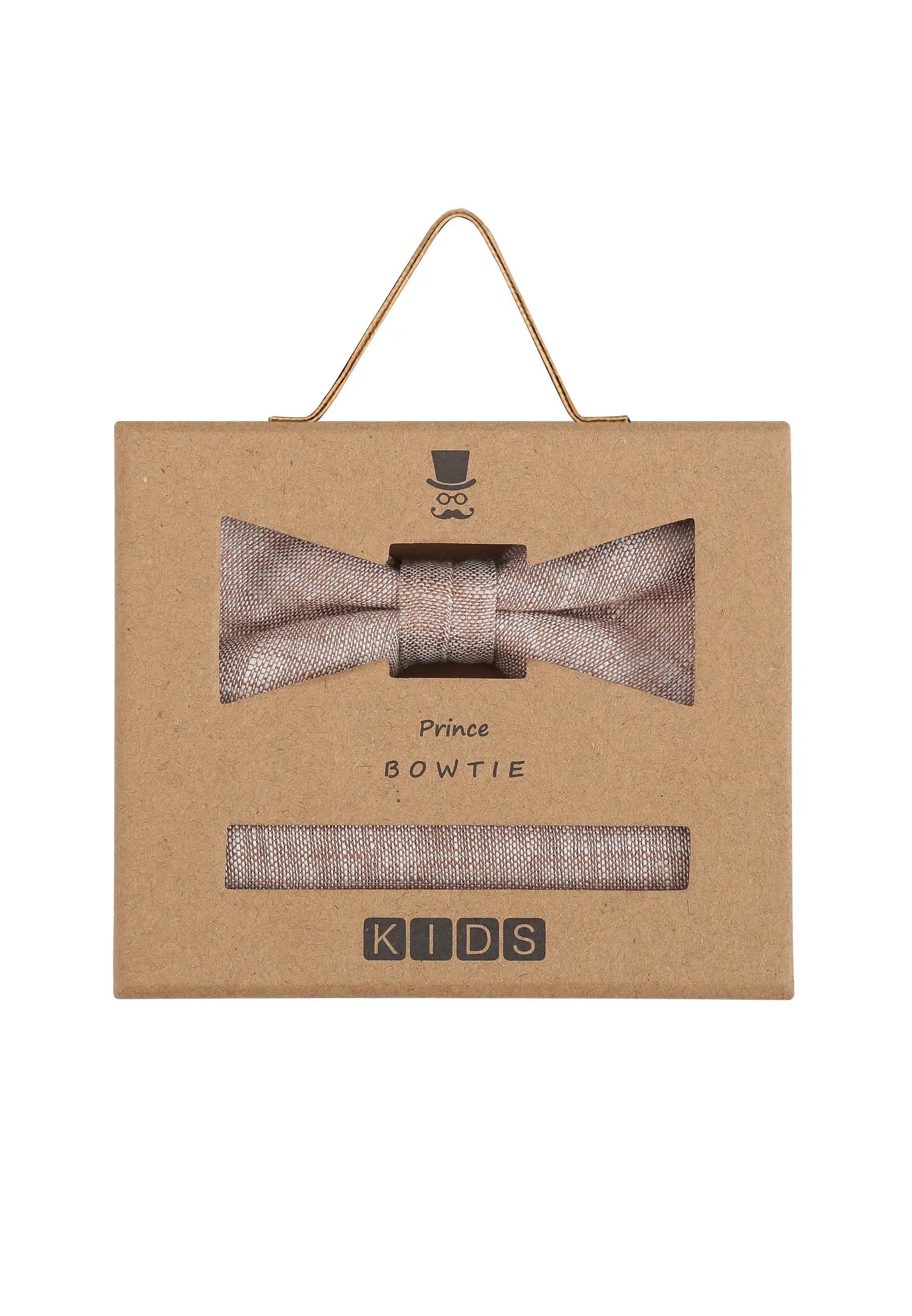 (Beige) Kids Fliege Einstecktuch Set Leinen – Geschenkverpackung Prince Bowtie