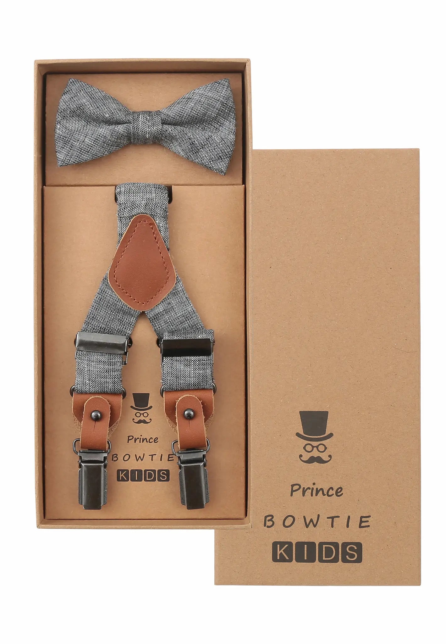 (Grau) Kids Hosenträger Set mit Fliege Leinen – Geschenkbox Prince Bowtie