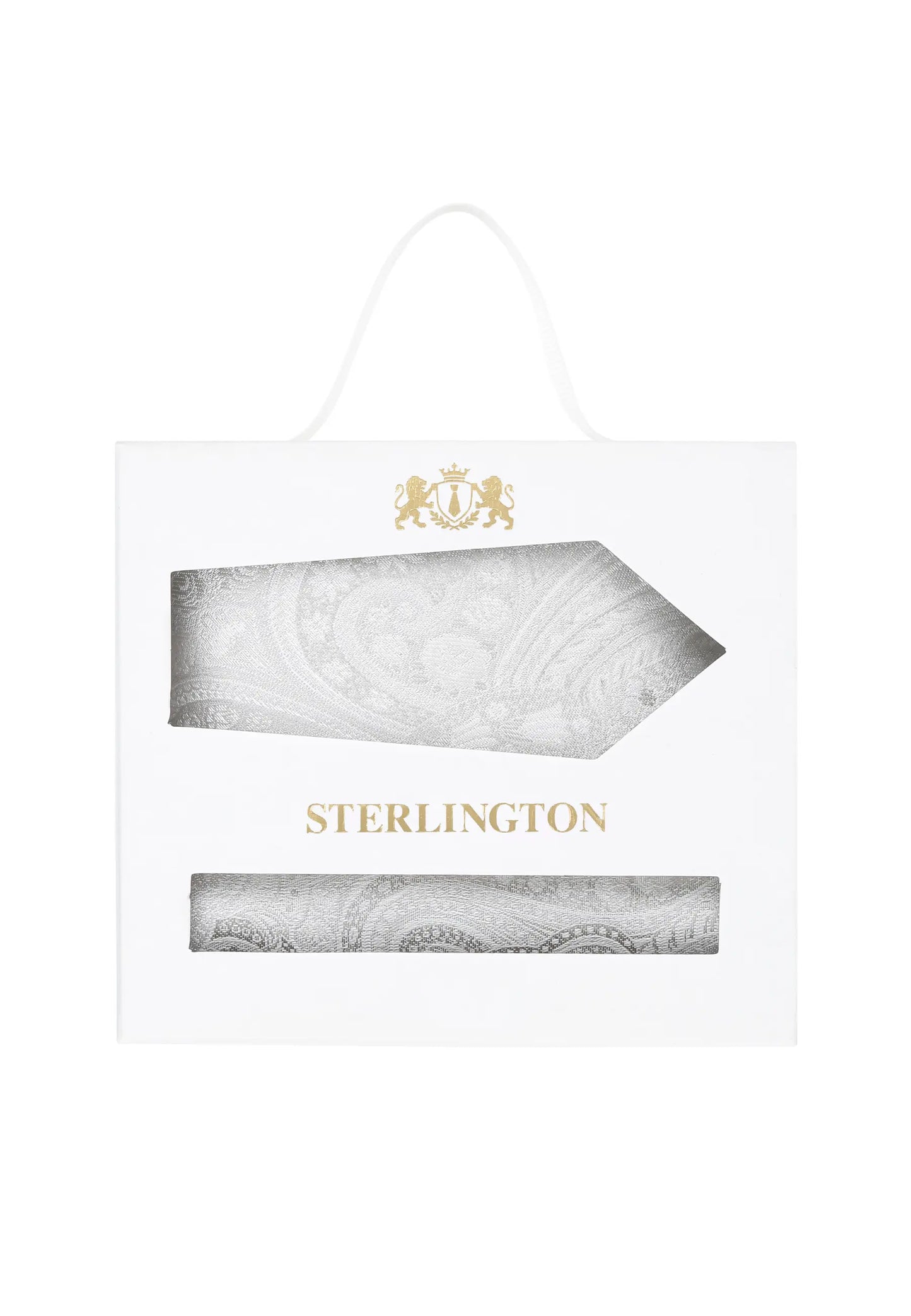 (Champagner) Krawatte Einstecktuch Set Paisley Seide – Sterlington Geschenkbox Frontalansicht