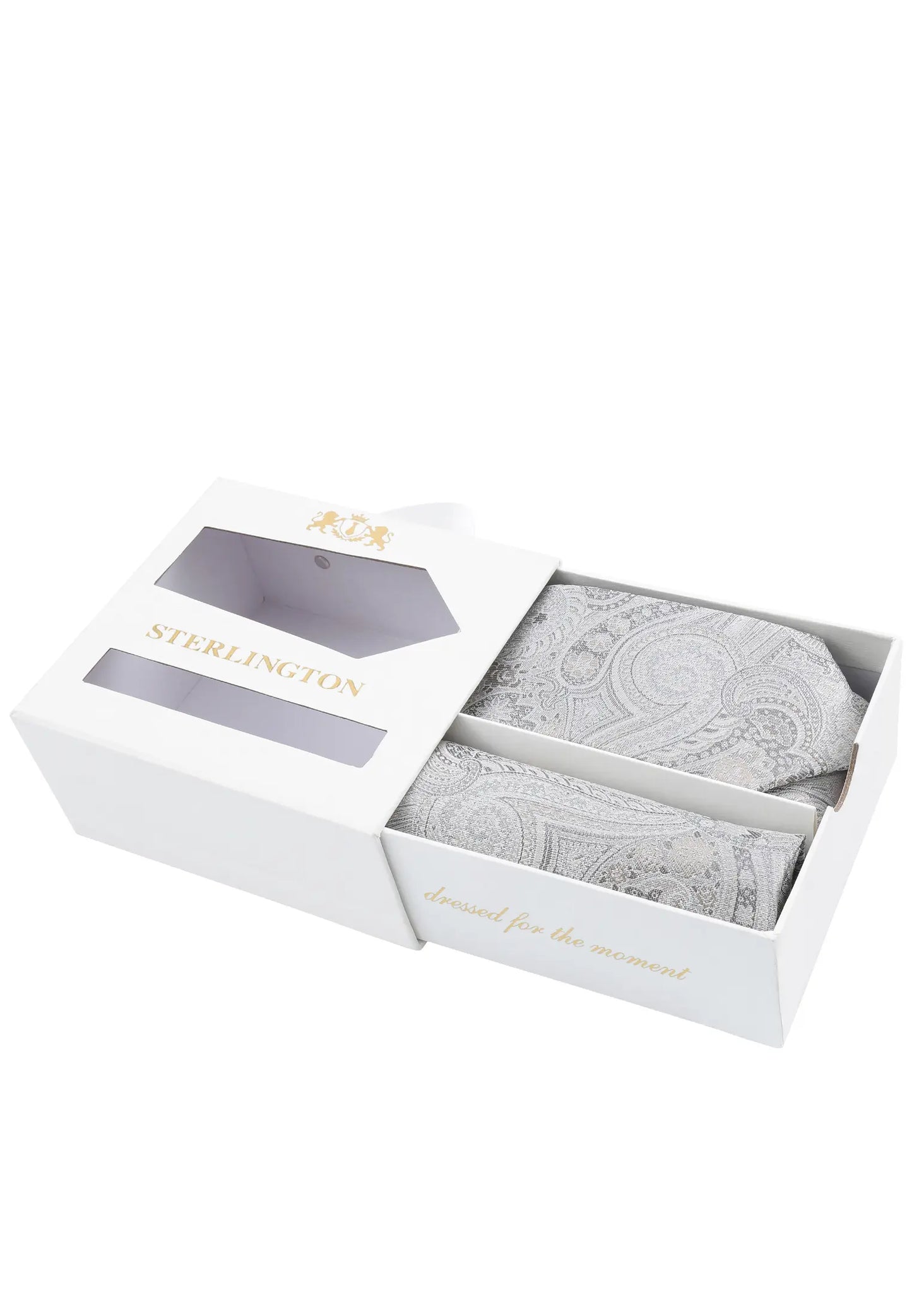(Silber) Krawatte Einstecktuch Set Sterlington – Geschenkbox schräg geöffnet