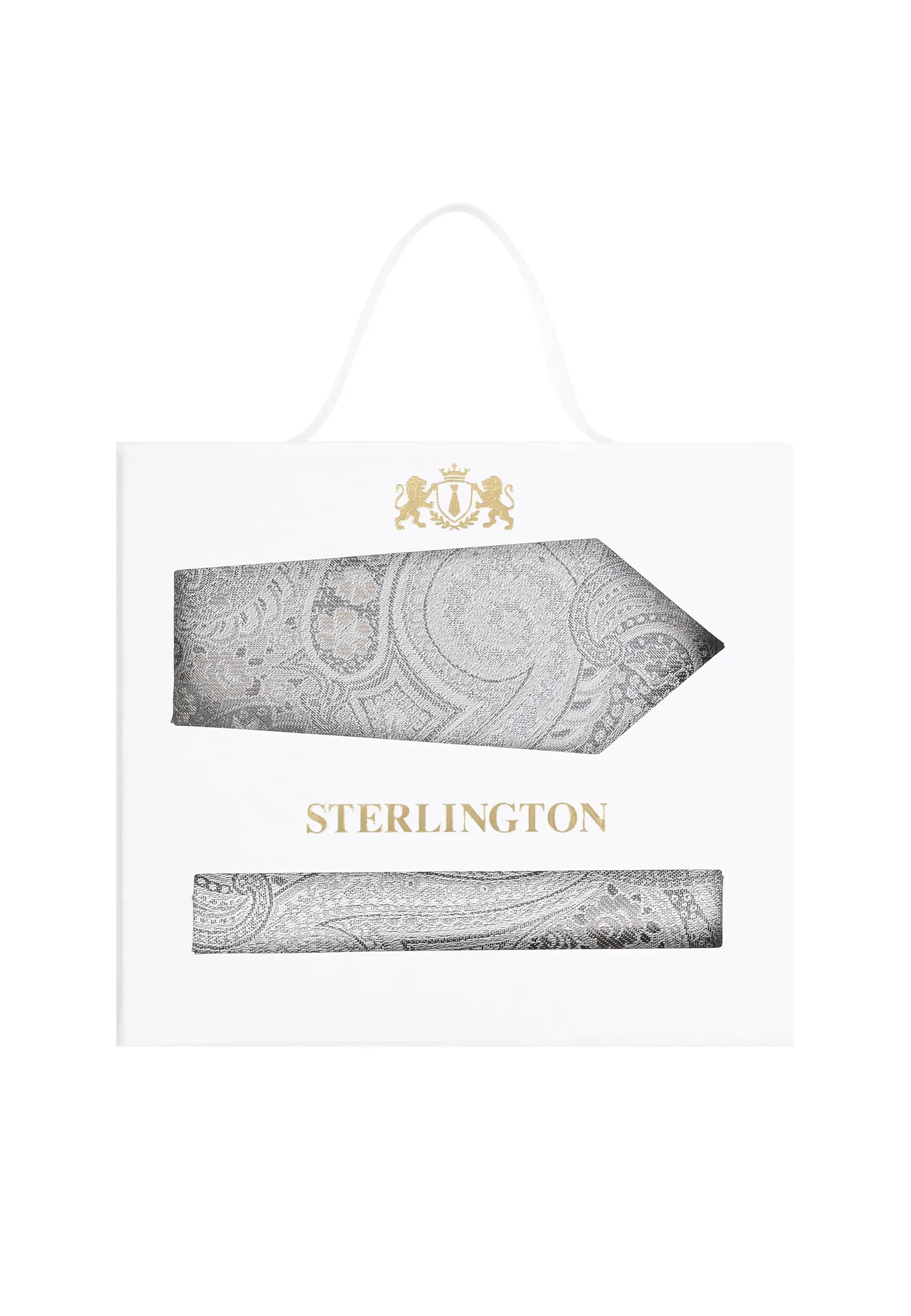 (Silber) Krawatte Einstecktuch Set Paisley Seide – Sterlington Geschenkbox Frontalansicht