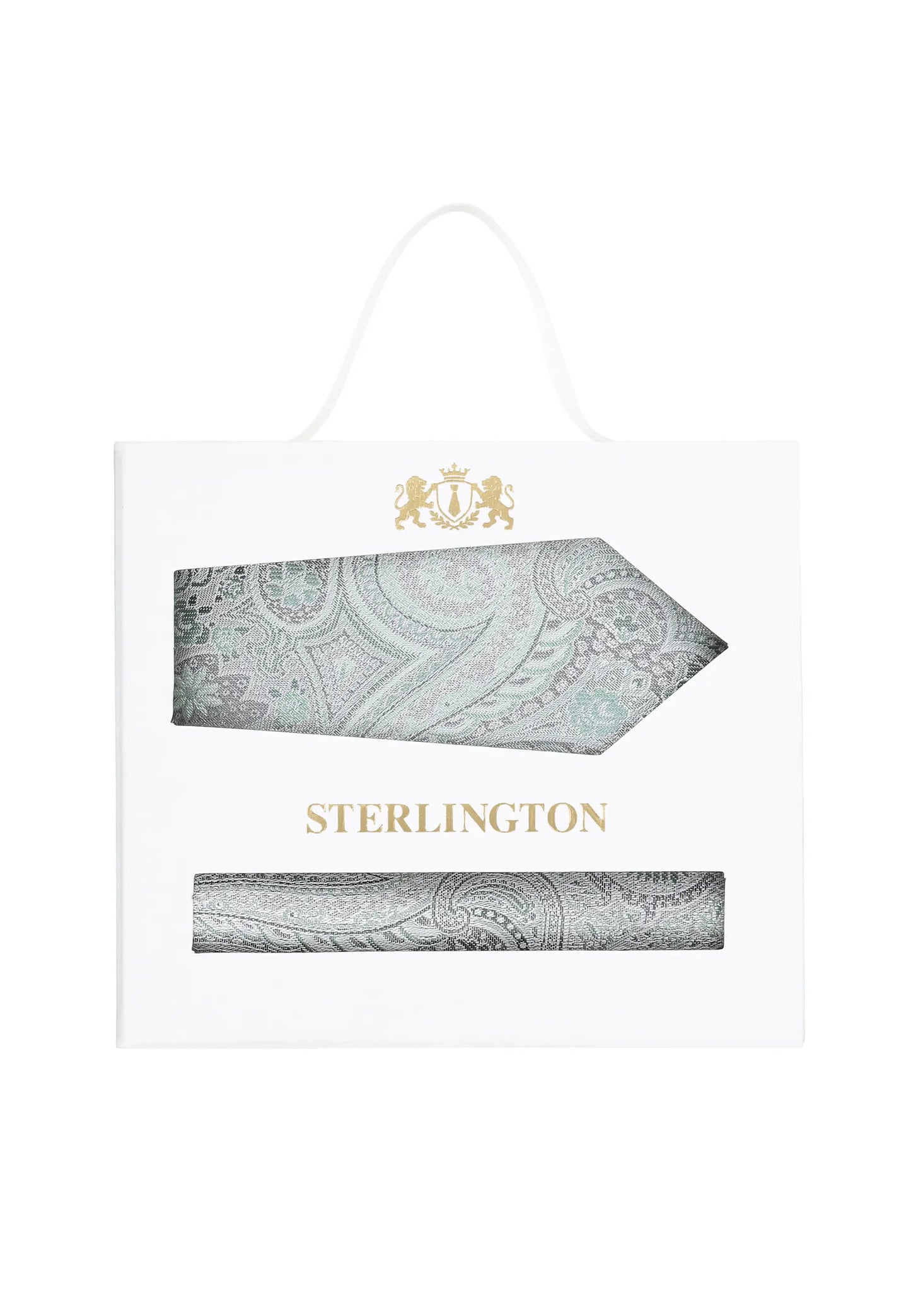 (Grün) Krawatte Einstecktuch Set Paisley Seide – Sterlington Geschenkbox Frontalansicht