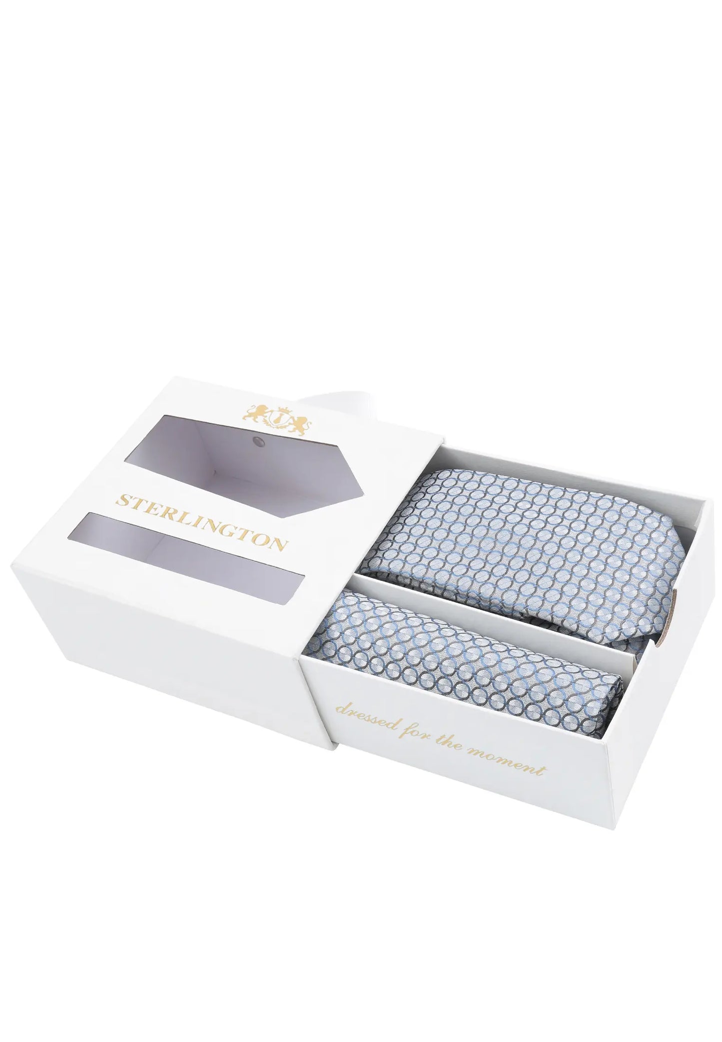 (Blau) Krawatte Einstecktuch Set Sterlington – Geschenkbox schräg geöffnet