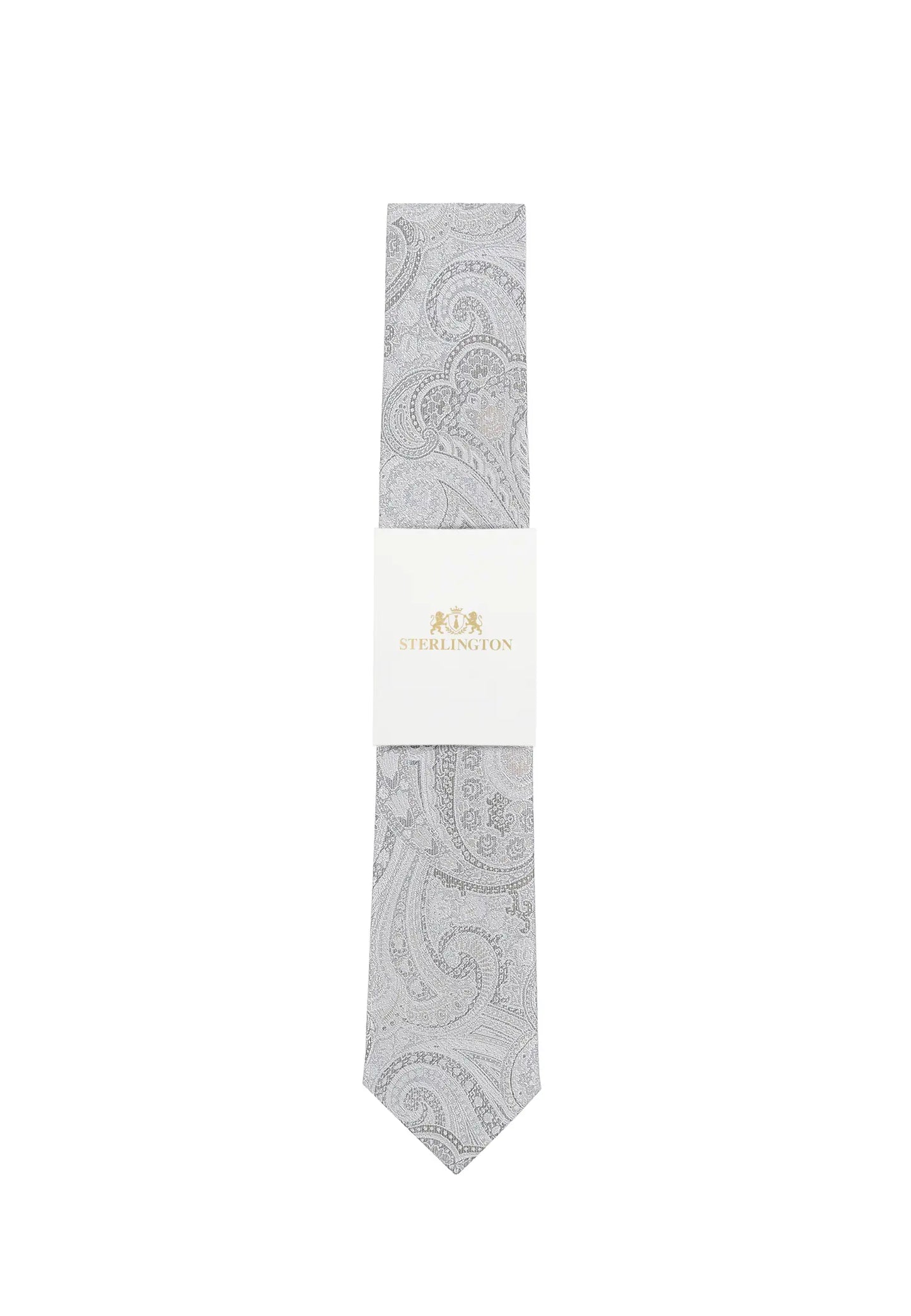 (Silber) Hochzeitskrawatte Sterlington Paisley – mit Banderole Gesamtansicht