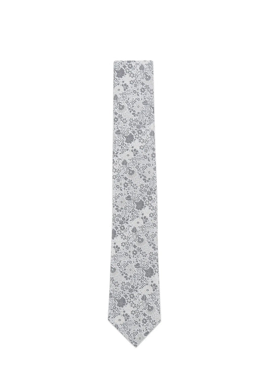(Silber) Krawatte Hochzeit Floral Seide – Frontalansicht gerade ausgelegt