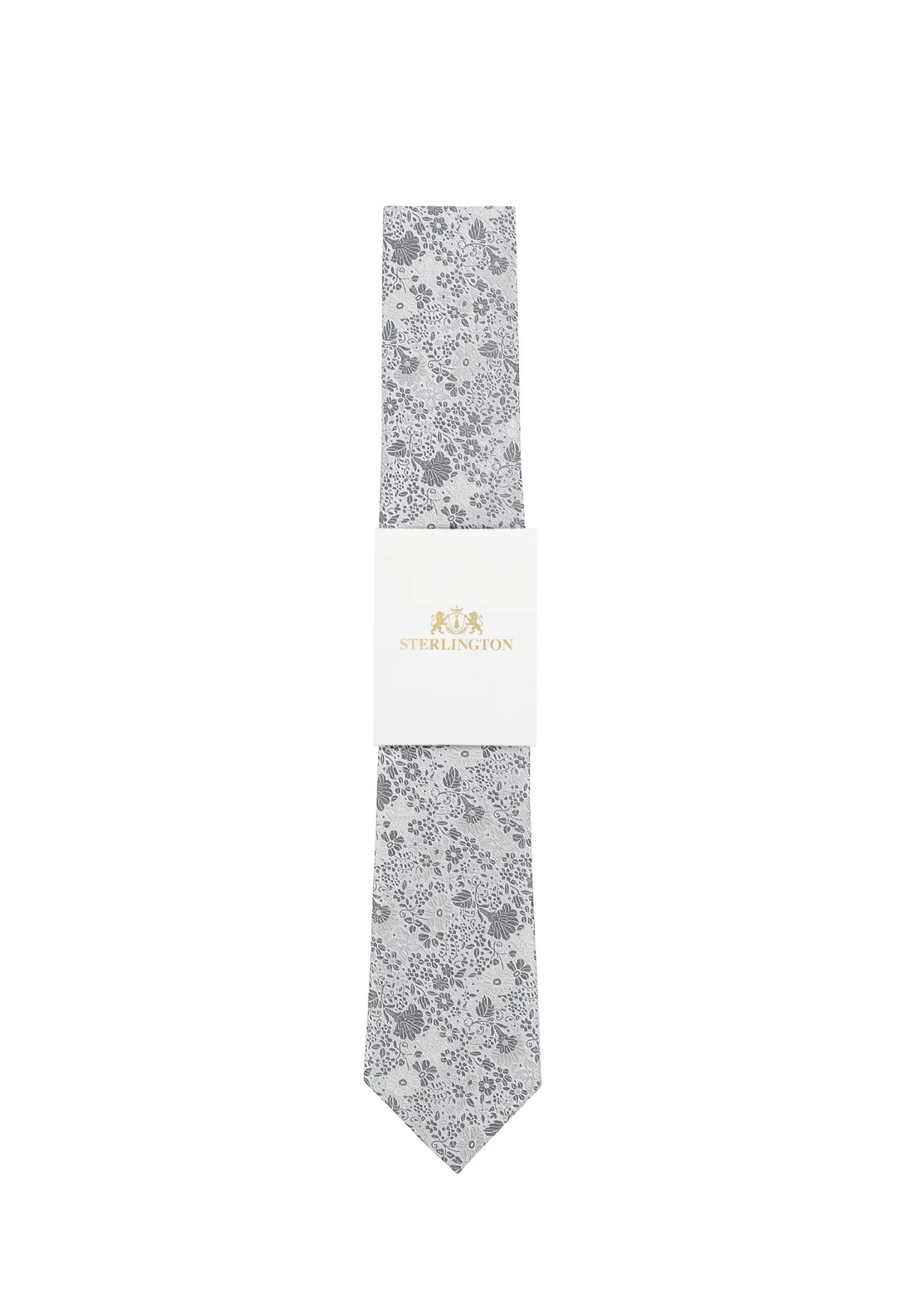 (Silber) Hochzeitskrawatte Sterlington Floral – mit Banderole Gesamtansicht