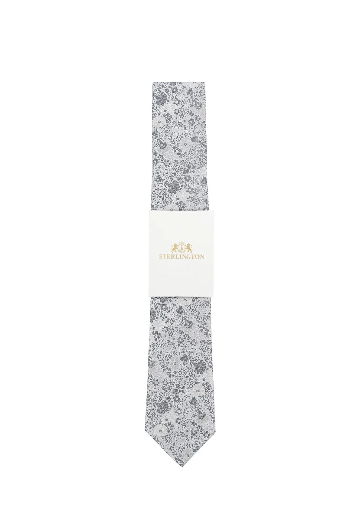 (Silber) Hochzeitskrawatte Sterlington Floral – mit Banderole Gesamtansicht
