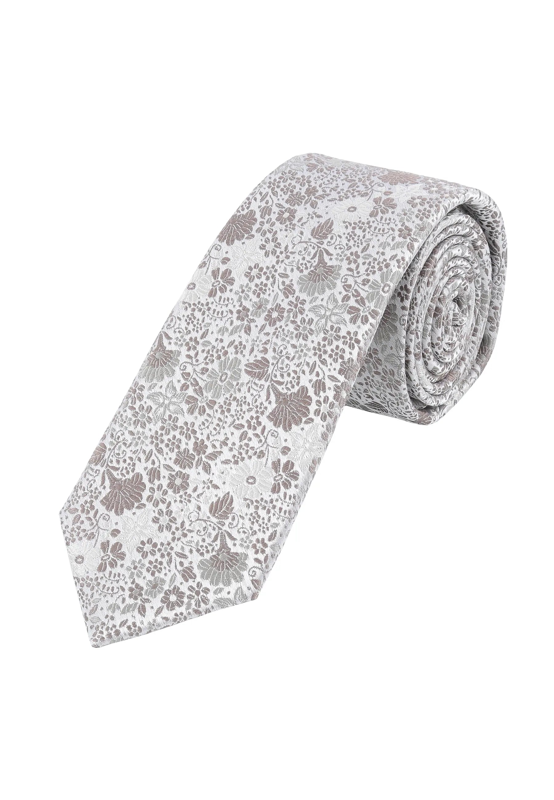 (Taupe) Hochzeitskrawatte Herren Floral Seide – gerollt Gesamtansicht