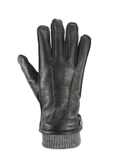 (Schwarz) Lederhandschuhe Herren mit Strickbund – Handrücken mit Ziernähten