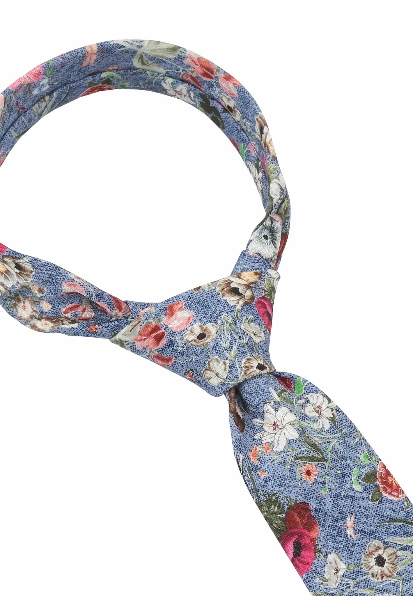 (Blau) Krawatte Blumenmuster – Detailansicht gebundener Knoten