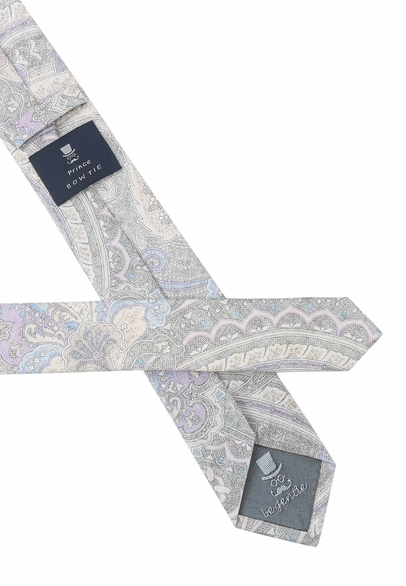 (Grau) Krawatte Paisley Baumwolle – Rückseite mit Prince Bowtie Label