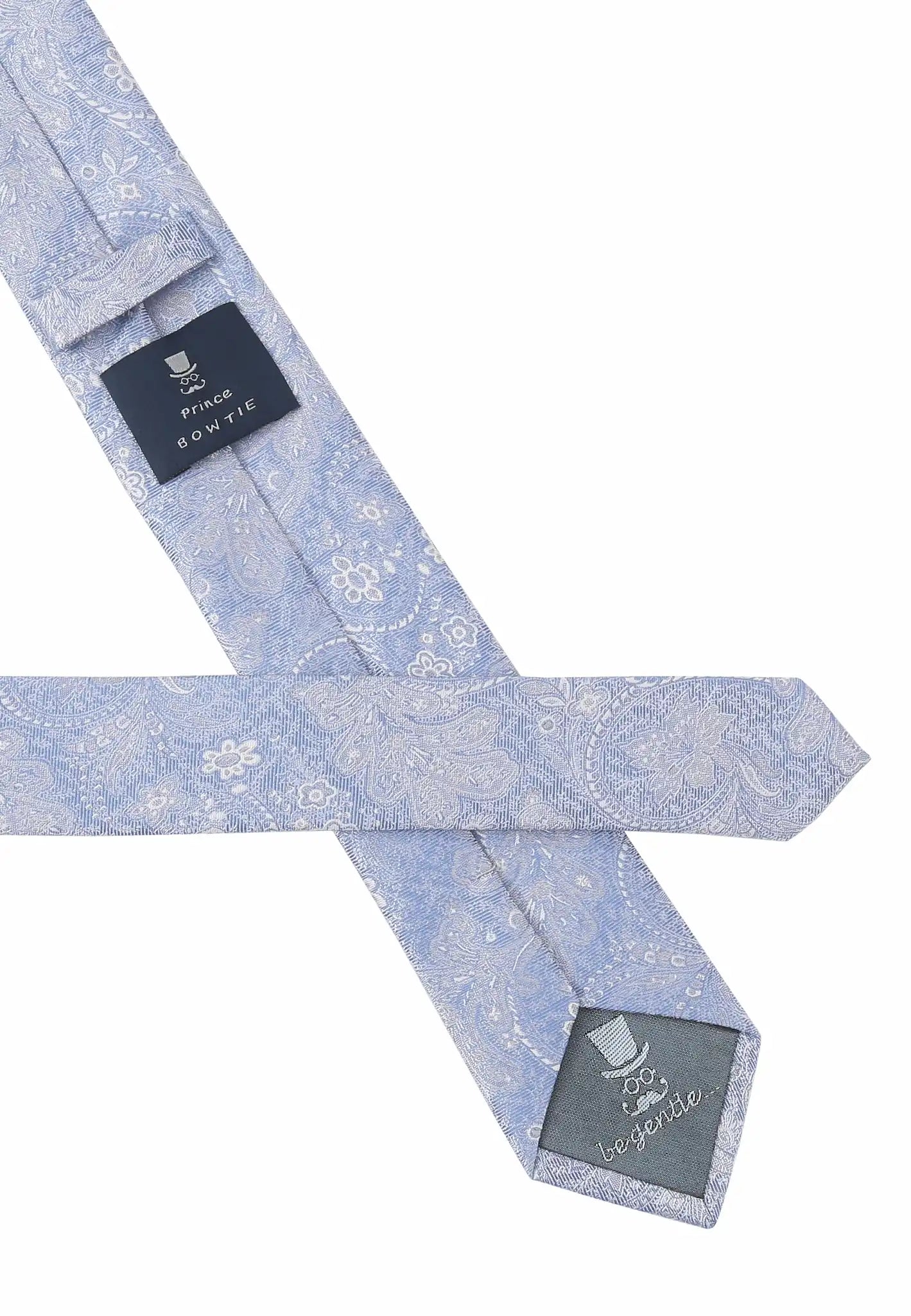 (Hellblau) Krawatte Paisley Seide – Rückseite mit Prince Bowtie Label