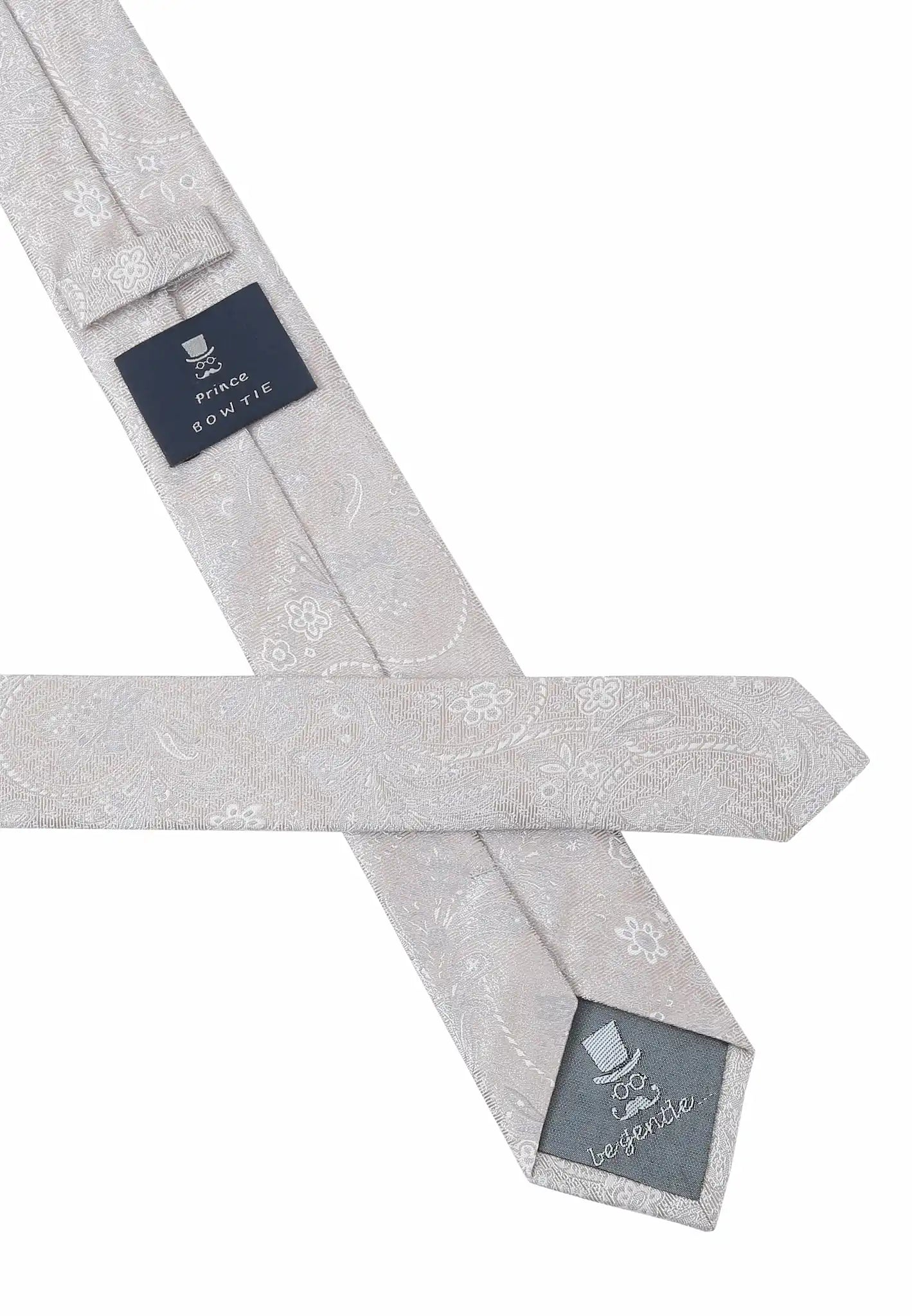(Beige) Krawatte Paisley Seide – Rückseite mit Prince Bowtie Label