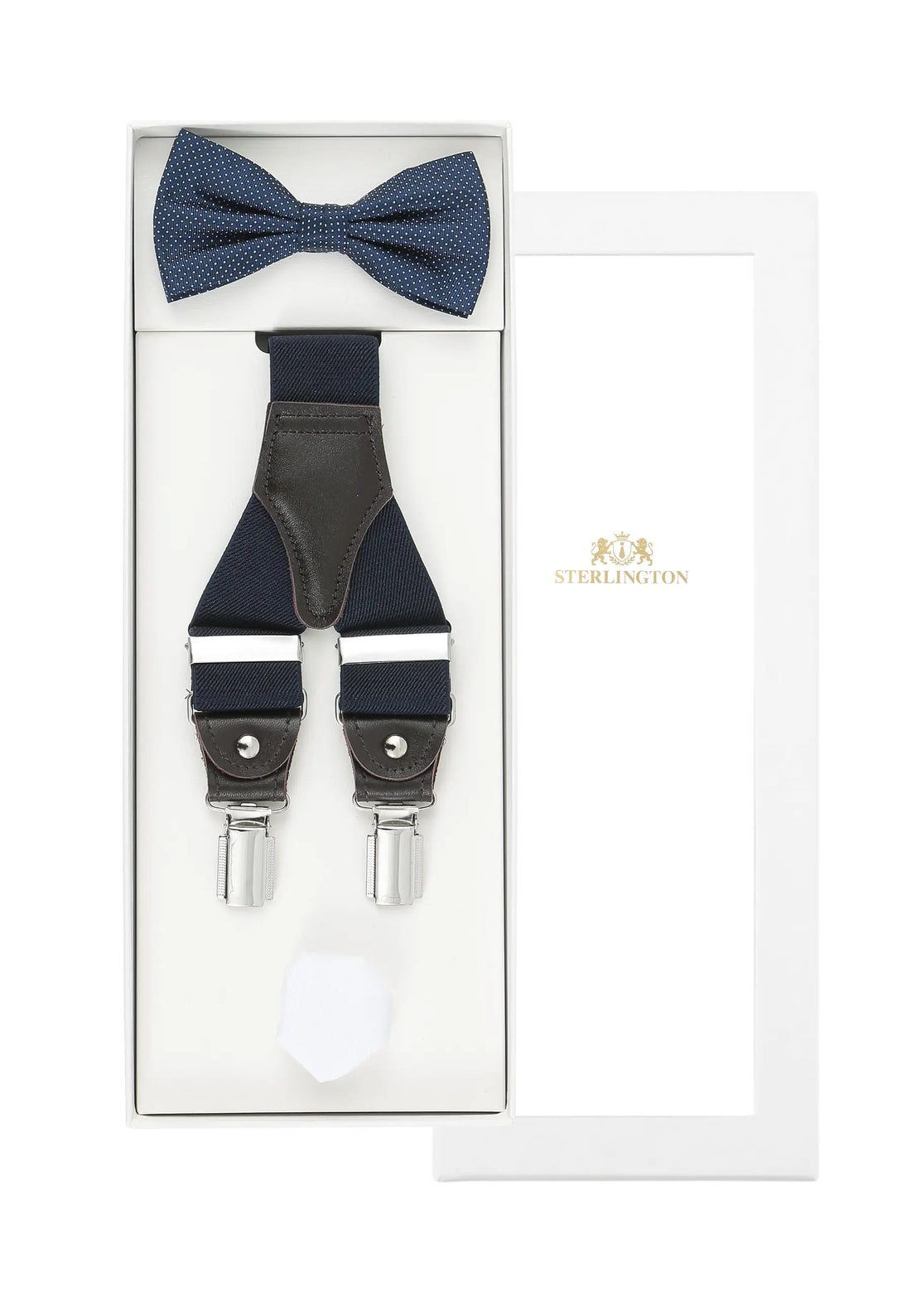 (Dunkelblau) Hosenträger Set Herren mit Fliege und Einstecktuch – Sterlington Geschenkbox