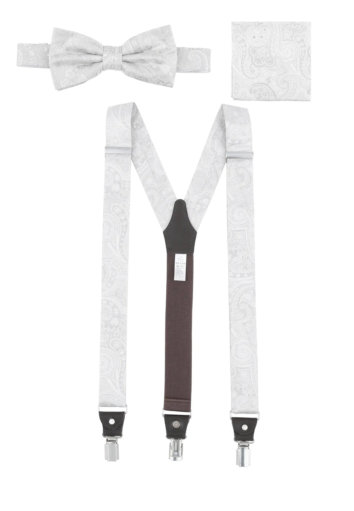 (Champagner) Hosenträger Set Paisley Seide mit Fliege und Einstecktuch – Gesamtansicht Y-Form