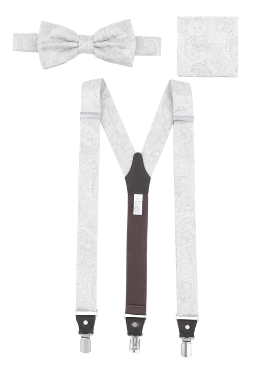 (Champagner) Hosenträger Set Paisley Seide mit Fliege und Einstecktuch – Gesamtansicht Y-Form