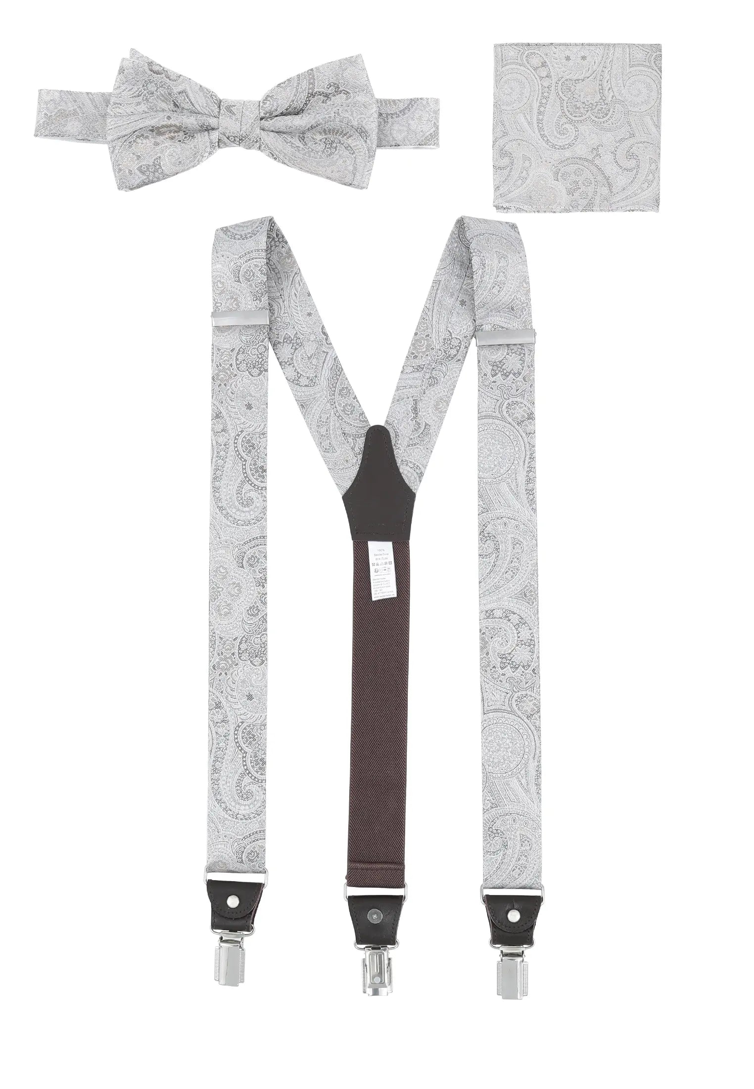 (Silber) Hosenträger Set Paisley Seide mit Fliege und Einstecktuch – Gesamtansicht Y-Form