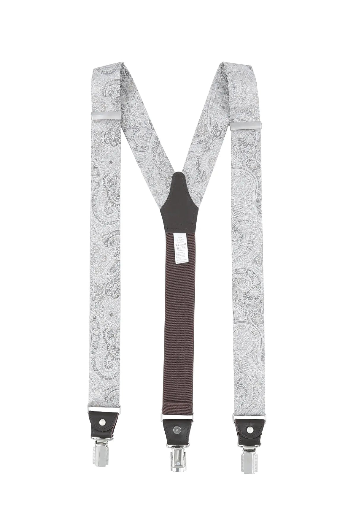 (Silber) Hosenträger Herren Paisley Seide – Y-Form Rückansicht mit Clips und Lederdetails