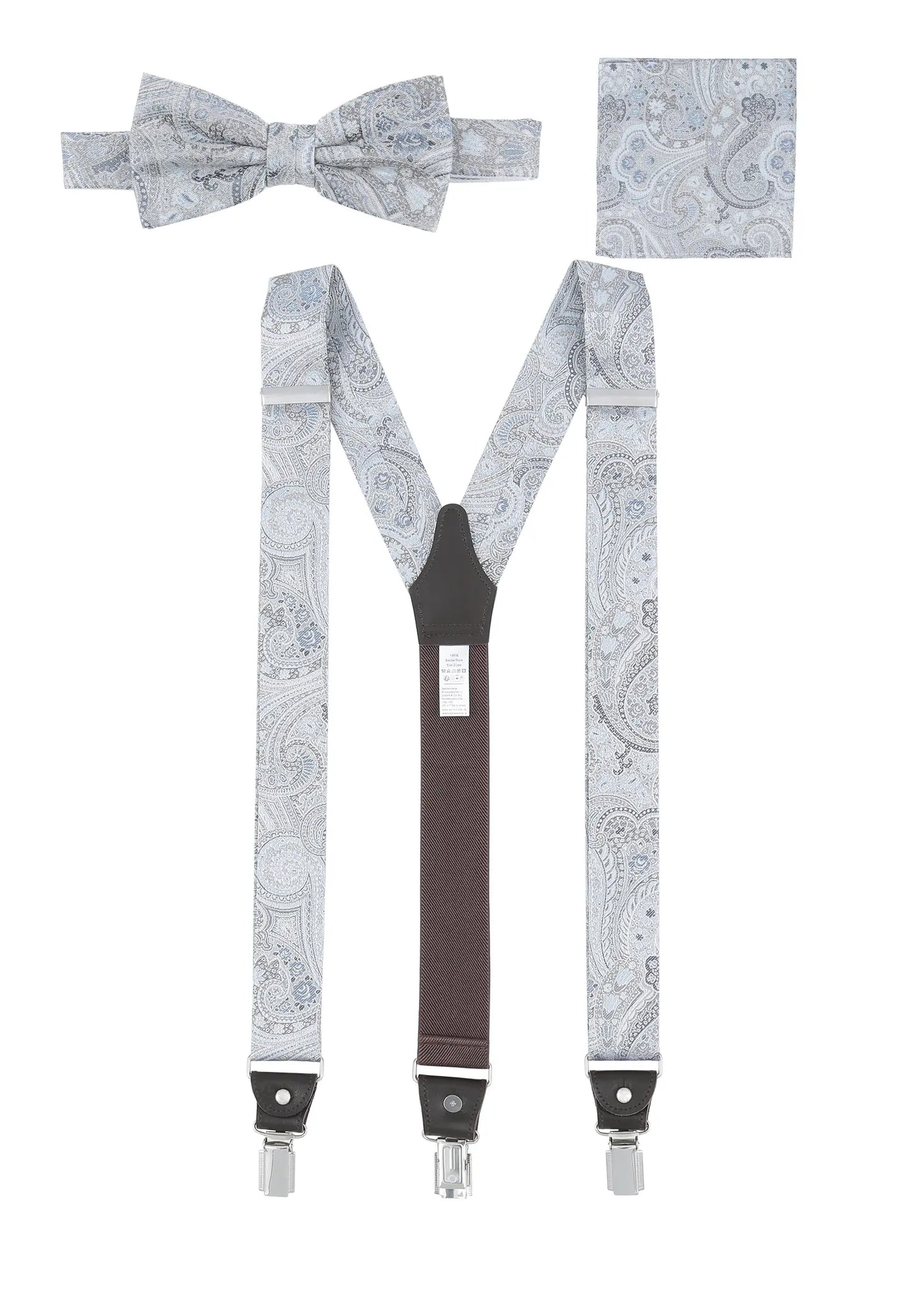 (Blau) Hosenträger Set Paisley Seide mit Fliege und Einstecktuch – Gesamtansicht Y-Form